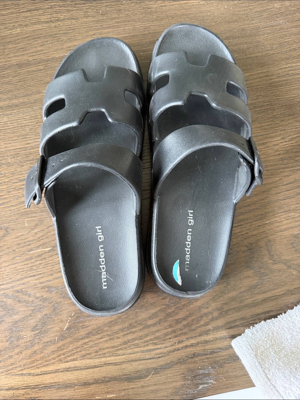Madden Girl Black Dual-Strap Slide Sandals with Buckle